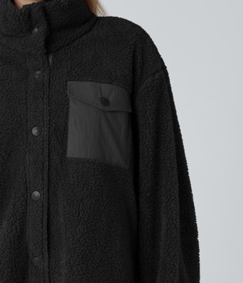 Stand Collar Long Sleeve Hiking Sherpa Jacket with Pockets