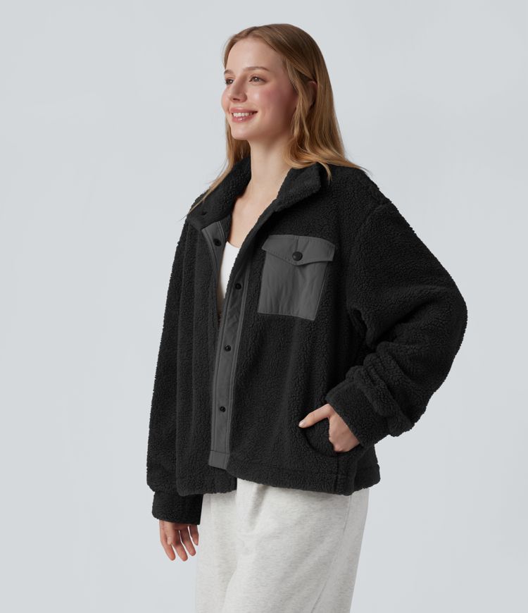 Stand Collar Long Sleeve Hiking Sherpa Jacket with Pockets