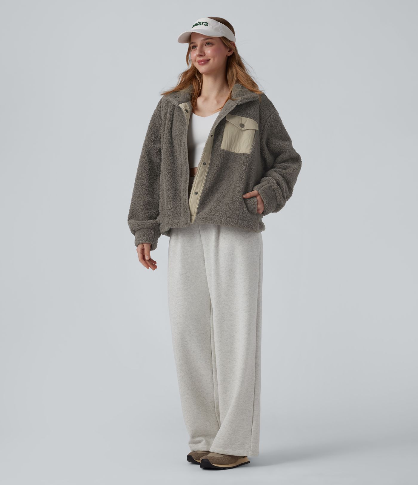 Stand Collar Long Sleeve Hiking Sherpa Jacket with Pockets