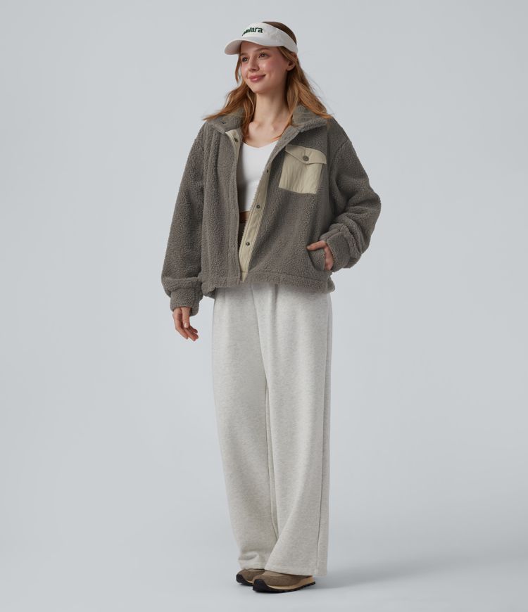 Stand Collar Long Sleeve Hiking Sherpa Jacket with Pockets