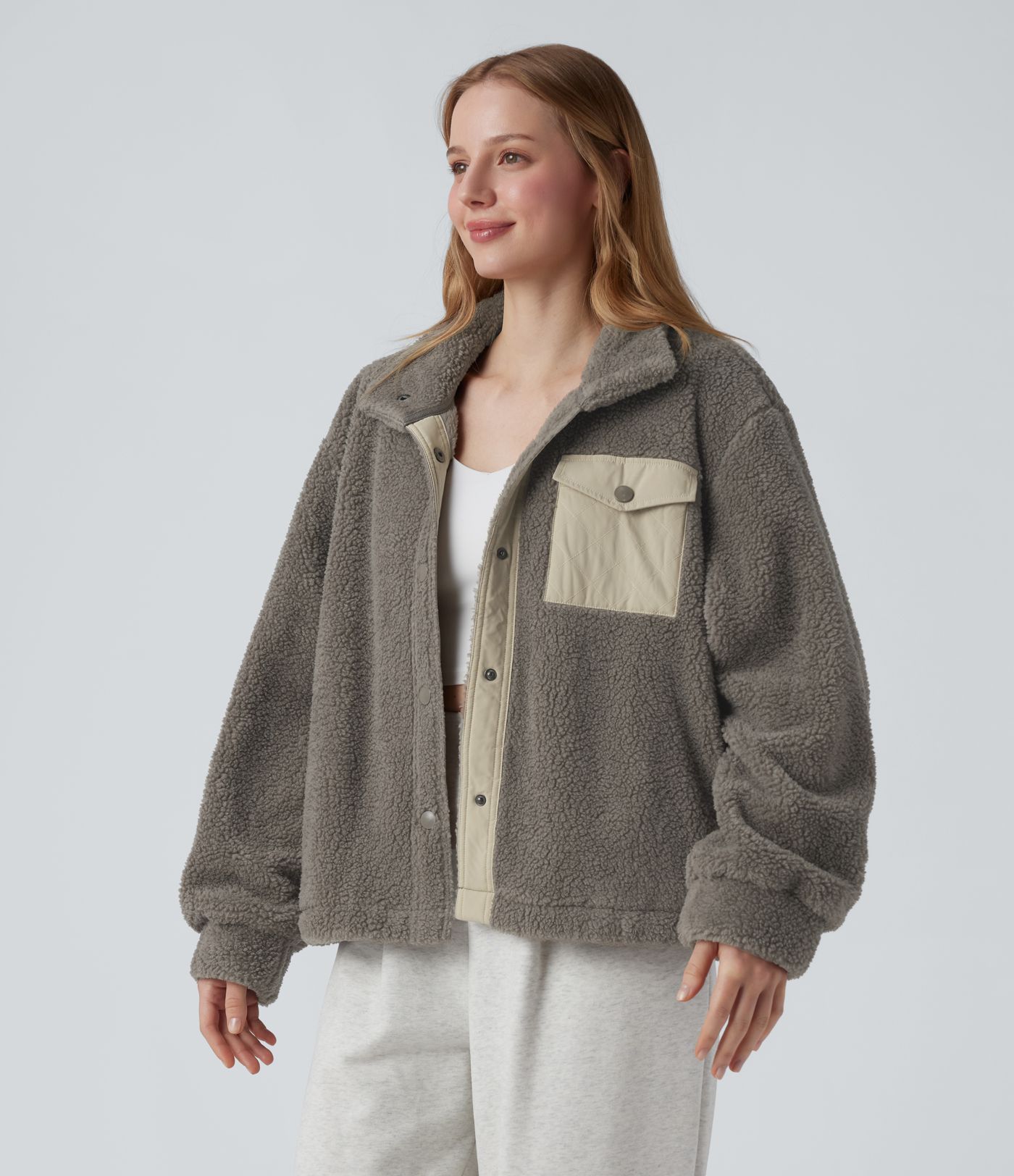 Stand Collar Long Sleeve Hiking Sherpa Jacket with Pockets