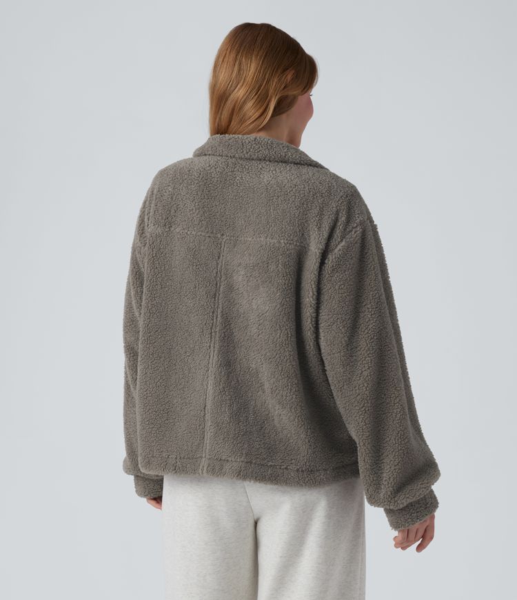 Stand Collar Long Sleeve Hiking Sherpa Jacket with Pockets