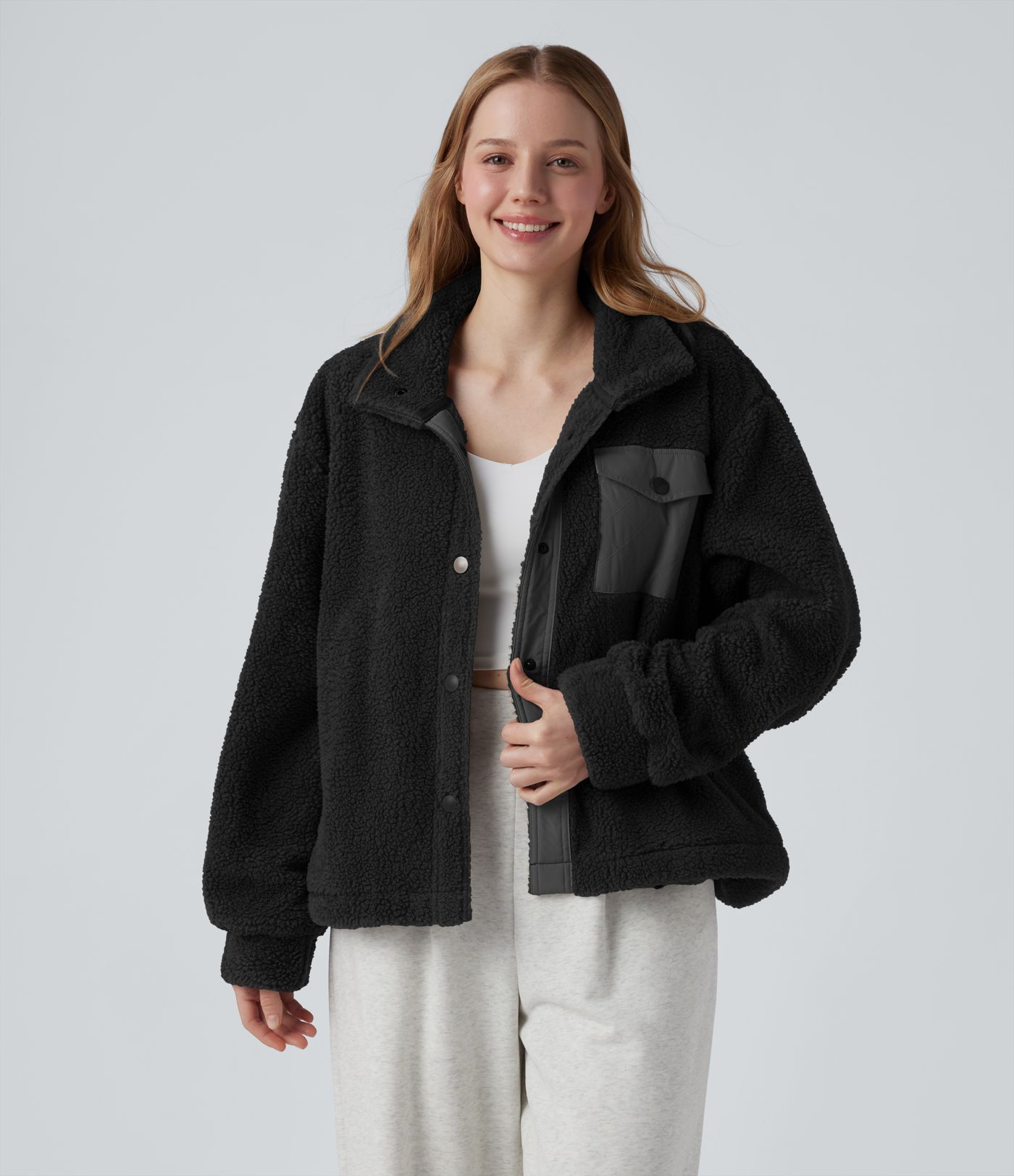 Stand Collar Long Sleeve Hiking Sherpa Jacket with Pockets