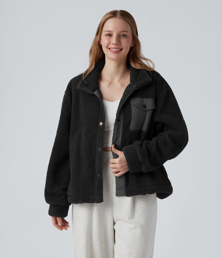 Stand Collar Long Sleeve Hiking Sherpa Jacket with Pockets