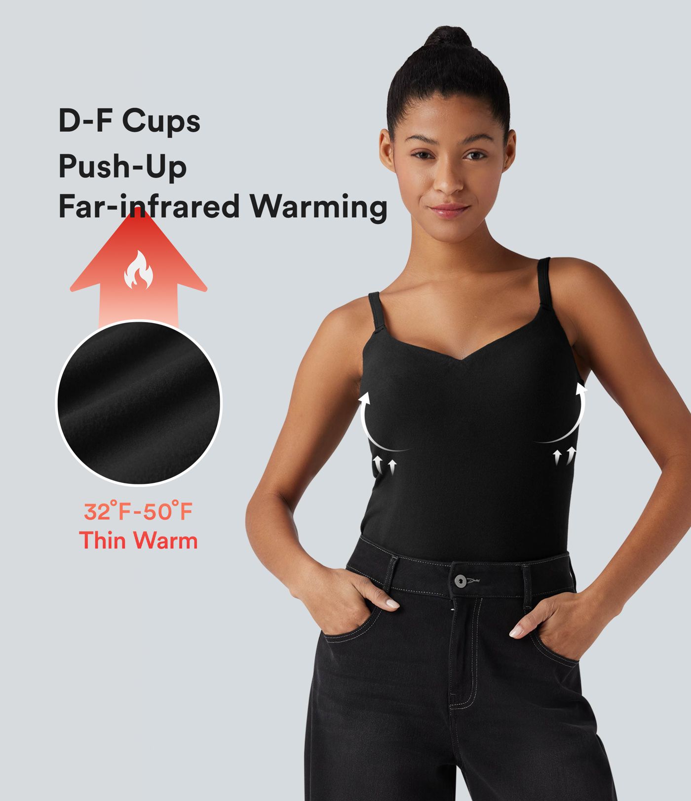 Top cami casual y térmico con copas moldeadas, efecto push-up y tirantes ajustables — copas D-F