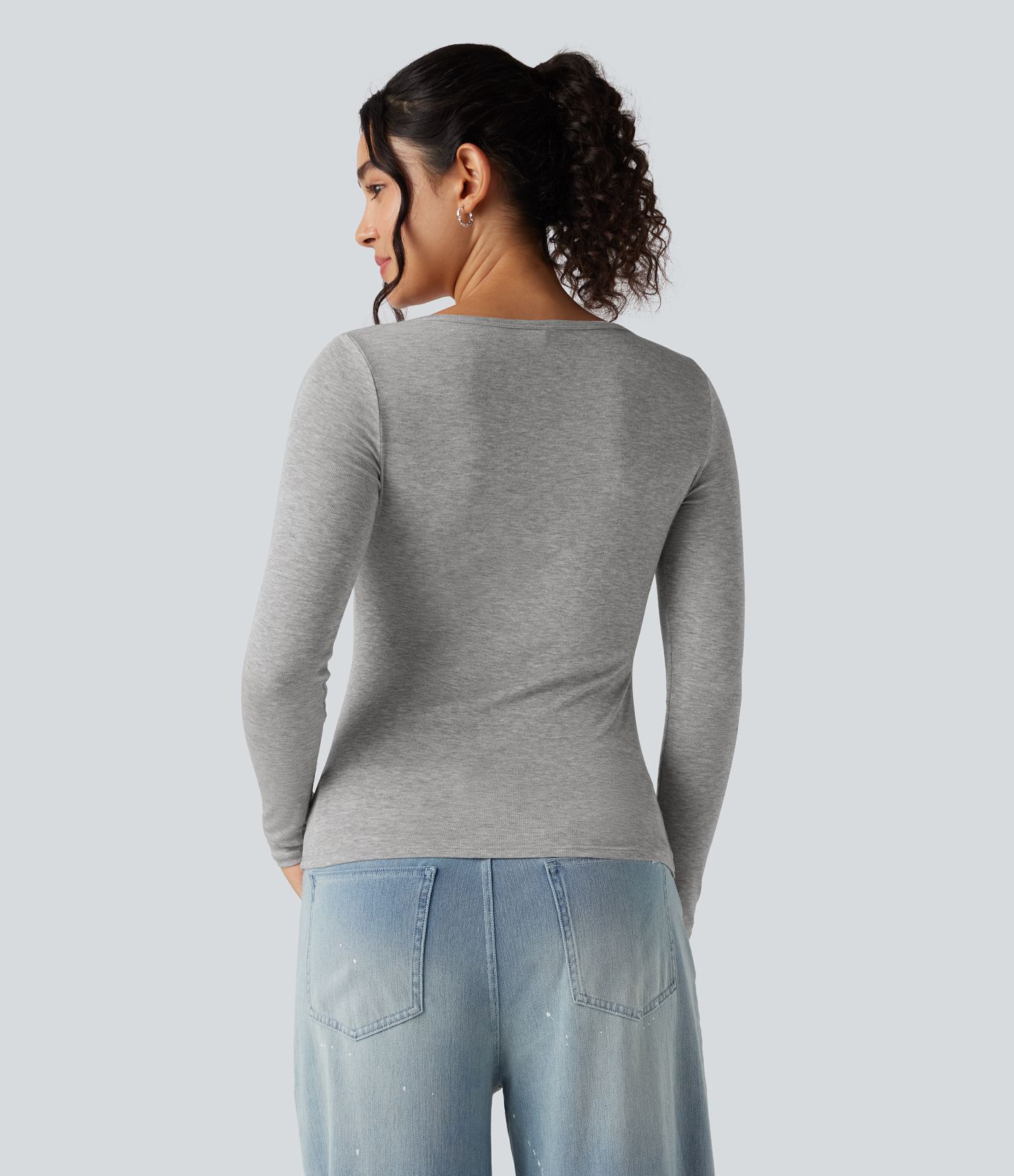 Ribbed Henley Neck Long Sleeve Slim Casual T-Shirt