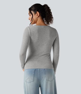 Ribbed Henley Neck Long Sleeve Slim Casual T-Shirt