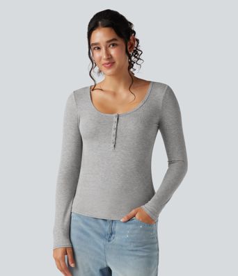 Ribbed Henley Neck Long Sleeve Slim Casual T-Shirt