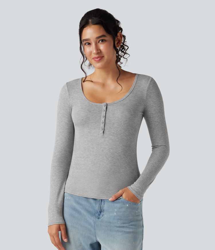 Ribbed Henley Neck Long Sleeve Slim Casual T-Shirt