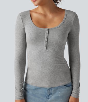 Ribbed Henley Neck Long Sleeve Slim Casual T-Shirt