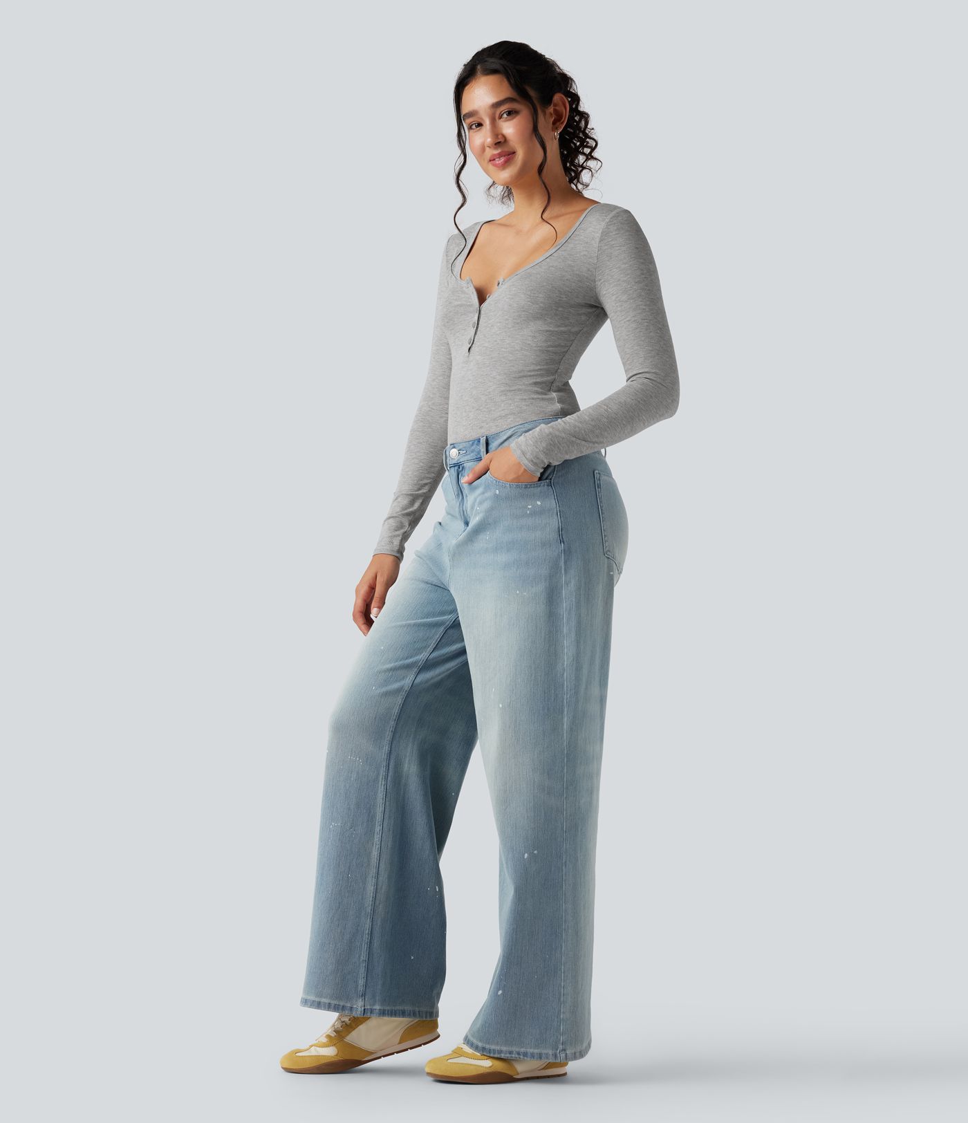 Ribbed Henley Neck Long Sleeve Slim Casual T-Shirt