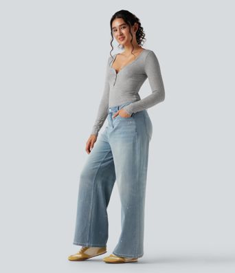 Ribbed Henley Neck Long Sleeve Slim Casual T-Shirt