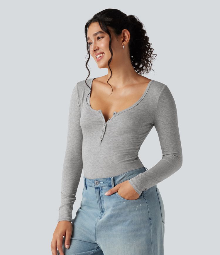 Ribbed Henley Neck Long Sleeve Slim Casual T-Shirt