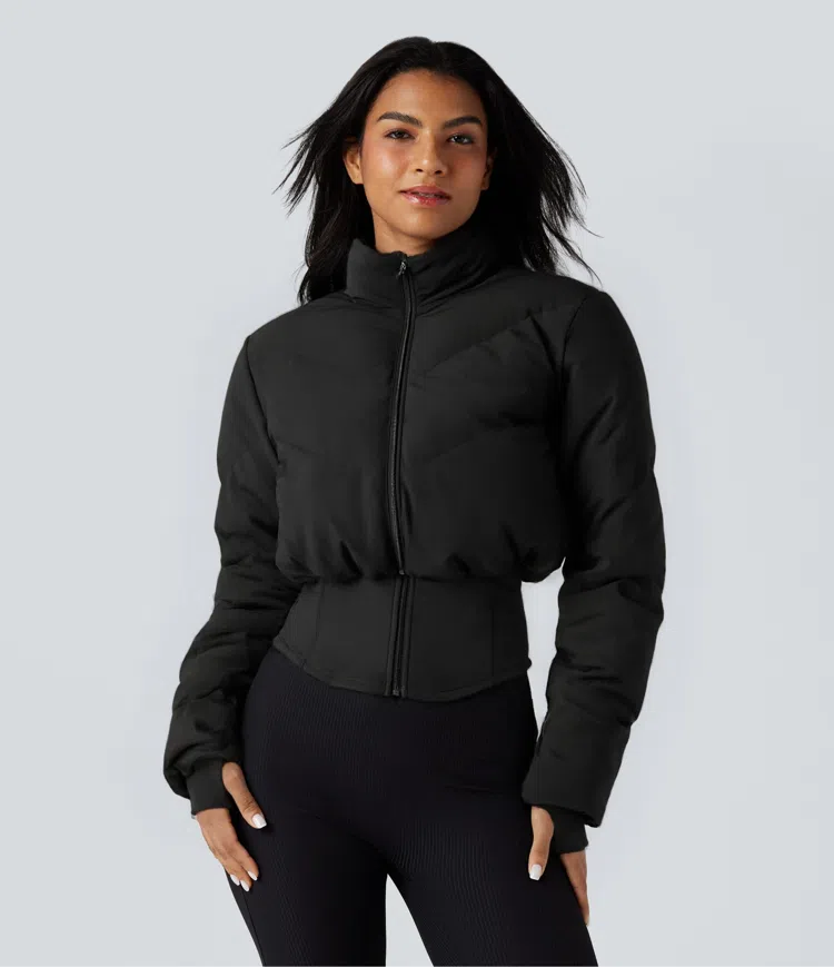 PuffFlex 3-in-1 Stand Collar Casual Cropped Puffer Coat & Thumb Holes Curved Hem Jacket with Pocket