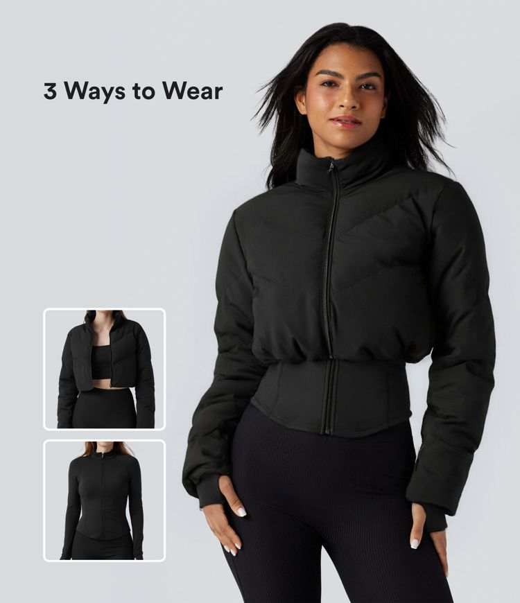 3-in-1 Stand Collar Casual Cropped Puffer Coat & Thumb Holes Curved Hem Jacket with Pocket