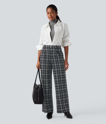 Halara Flex™ High Waisted Straight Leg Houndstooth Plaid Work Pants with Pockets