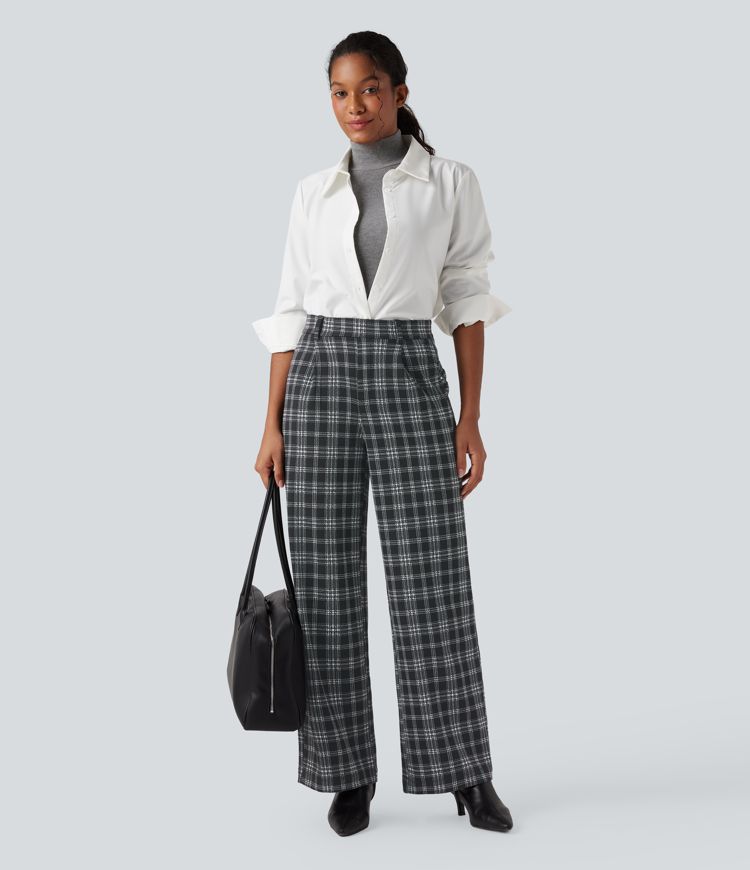 Halara Flex™ High Waisted Straight Leg Houndstooth Plaid Work Pants with Pockets