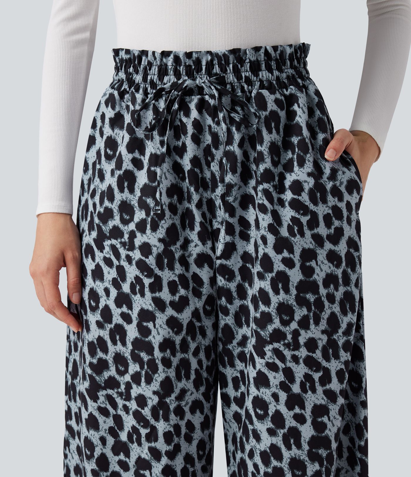 Hohe Taille Kordelzug Taschen Leopardenmuster Weite Bein Freizeithose