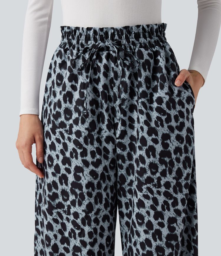 Hohe Taille Kordelzug Taschen Leopardenmuster Weite Bein Freizeithose
