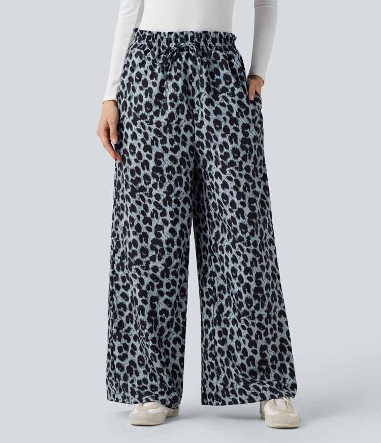 Hohe Taille Kordelzug Taschen Leopardenmuster Weite Bein Freizeithose