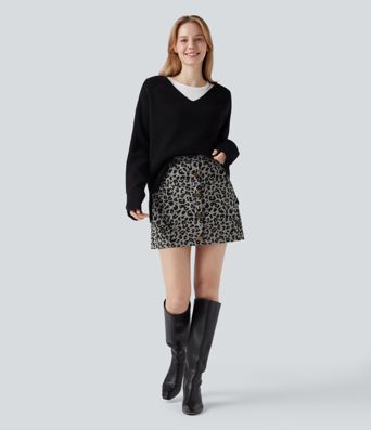 High Waisted 2-in-1 Leopard Print Mini Casual Skirt with Pocket