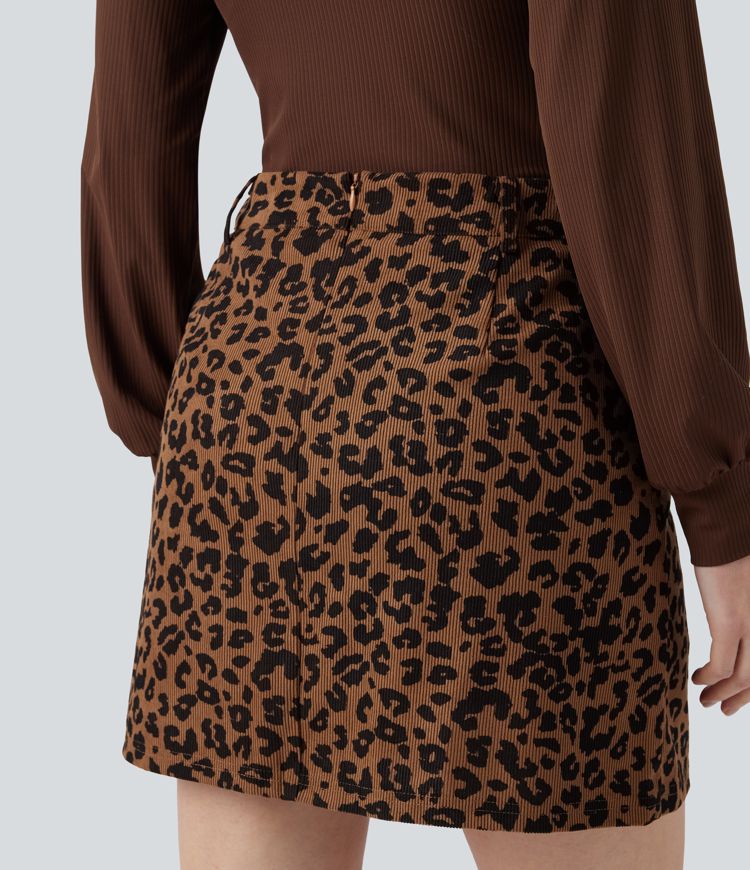 High Waisted 2-in-1 Leopard Print Mini Casual Skirt with Pocket