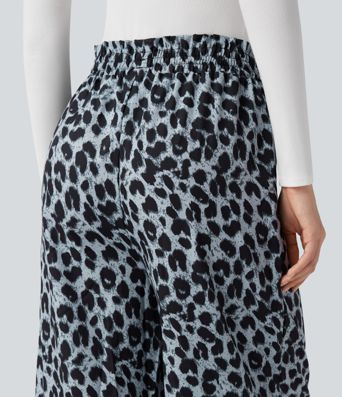 Hohe Taille Kordelzug Taschen Leopardenmuster Weite Bein Freizeithose