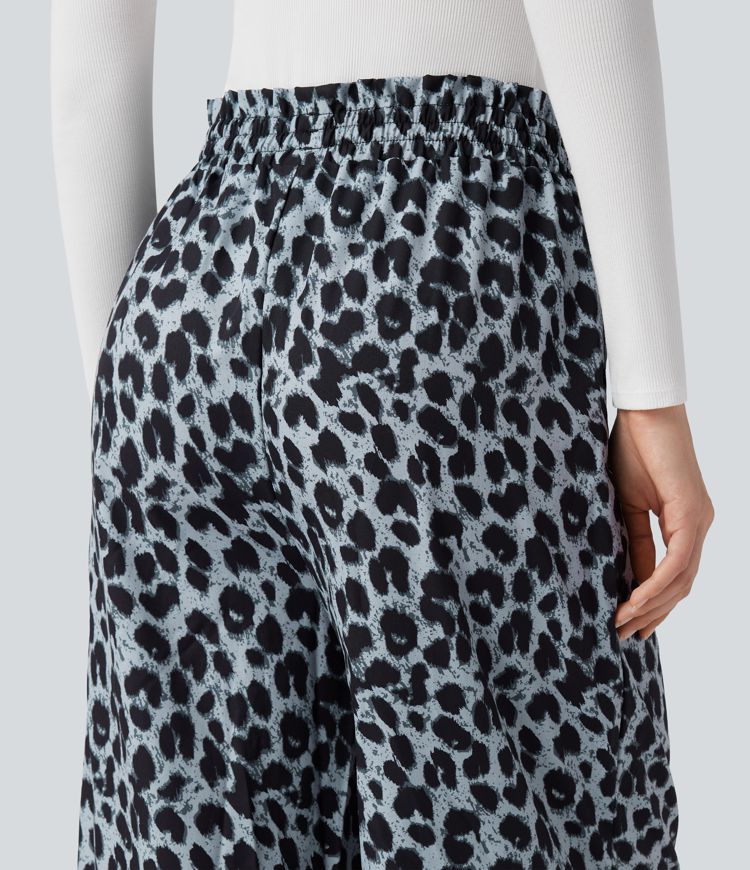 Hohe Taille Kordelzug Taschen Leopardenmuster Weite Bein Freizeithose