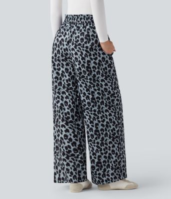 Hohe Taille Kordelzug Taschen Leopardenmuster Weite Bein Freizeithose