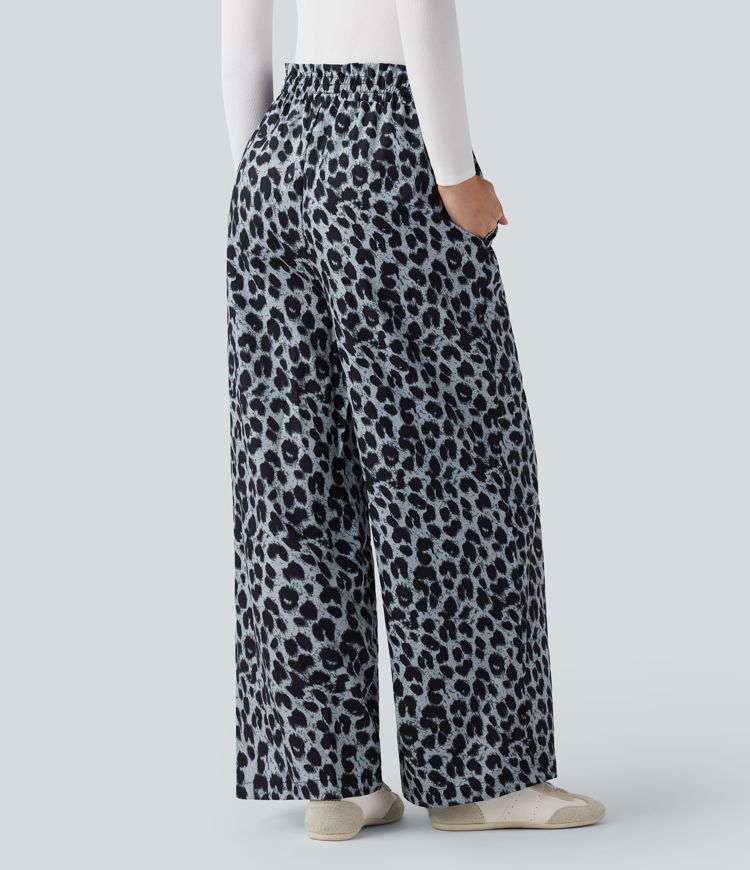 Hohe Taille Kordelzug Taschen Leopardenmuster Weite Bein Freizeithose