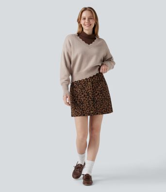 High Waisted 2-in-1 Leopard Print Mini Casual Skirt with Pocket
