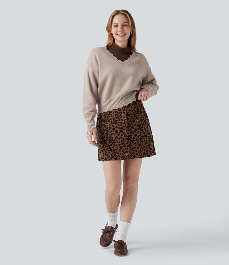 High Waisted 2-in-1 Leopard Print Mini Casual Skirt with Pocket