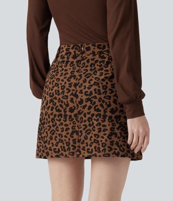 High Waisted 2-in-1 Leopard Print Mini Casual Skirt with Pocket