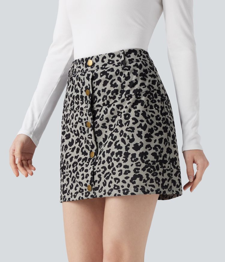 High Waisted 2-in-1 Leopard Print Mini Casual Skirt with Pocket