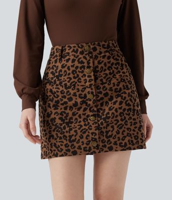 High Waisted 2-in-1 Leopard Print Mini Casual Skirt with Pocket