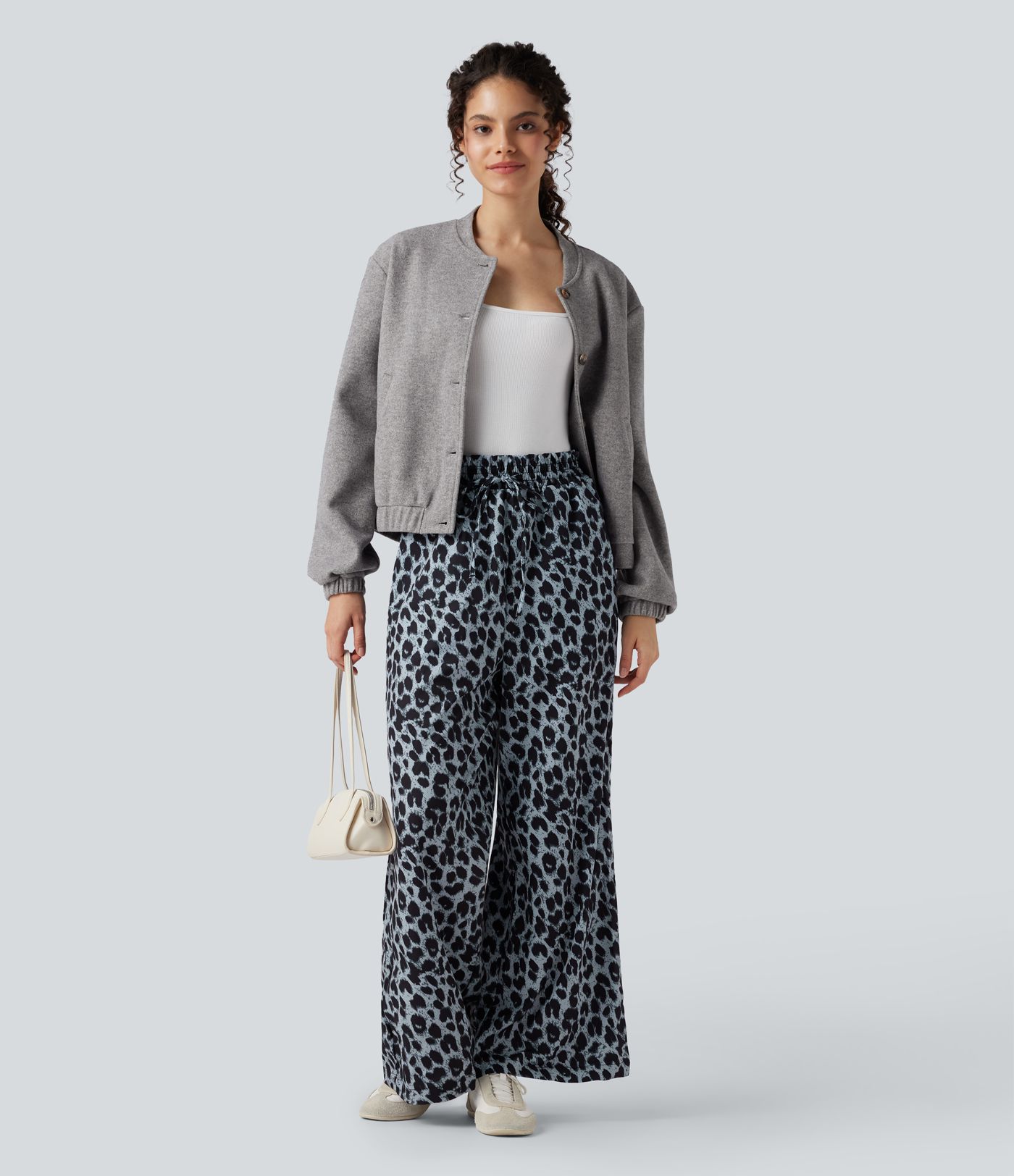 Hohe Taille Kordelzug Taschen Leopardenmuster Weite Bein Freizeithose