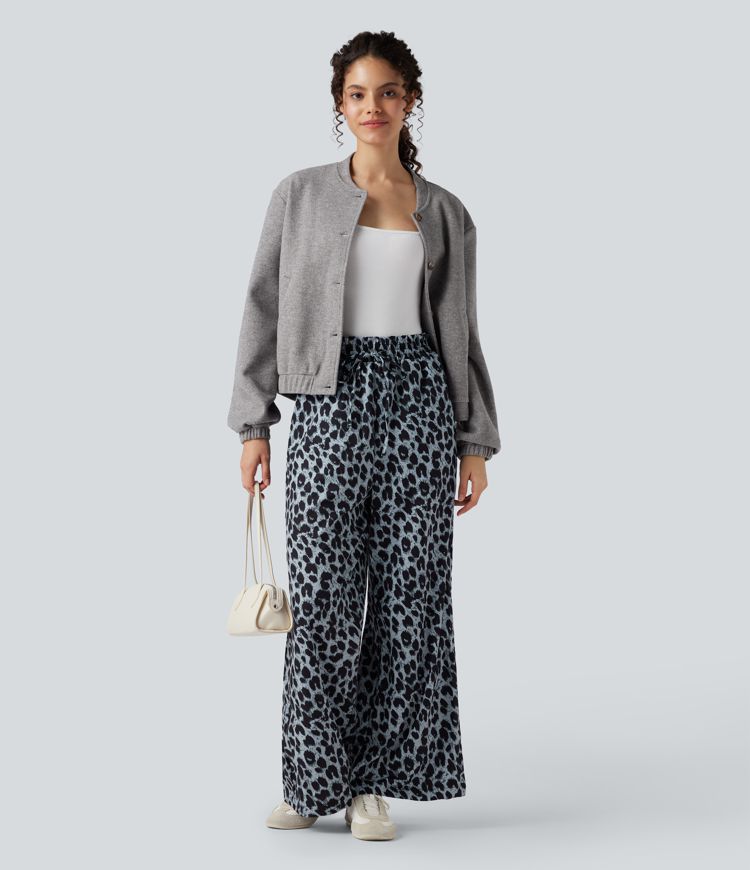 Hohe Taille Kordelzug Taschen Leopardenmuster Weite Bein Freizeithose