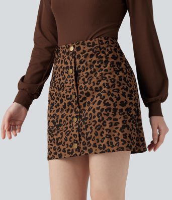 High Waisted 2-in-1 Leopard Print Mini Casual Skirt with Pocket