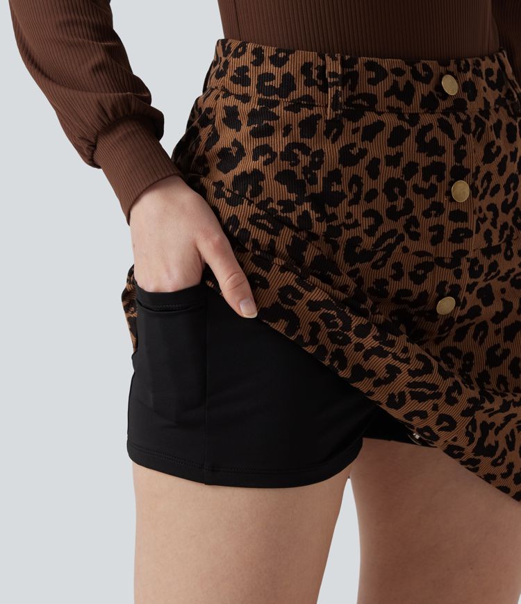 High Waisted 2-in-1 Leopard Print Mini Casual Skirt with Pocket