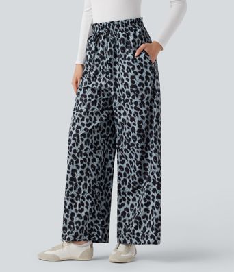 Hohe Taille Kordelzug Taschen Leopardenmuster Weite Bein Freizeithose