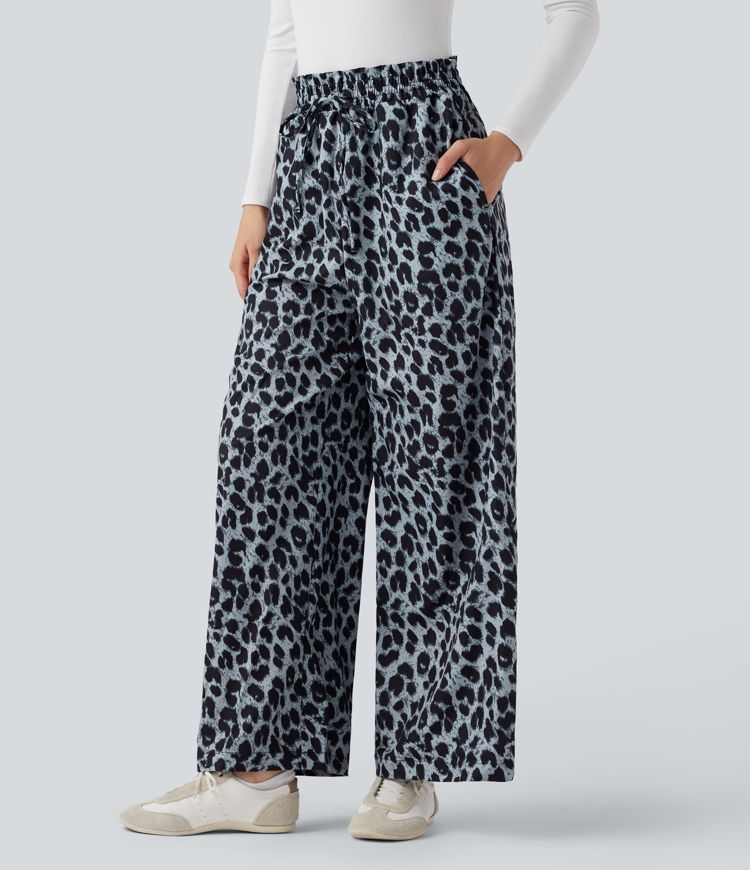 Hohe Taille Kordelzug Taschen Leopardenmuster Weite Bein Freizeithose