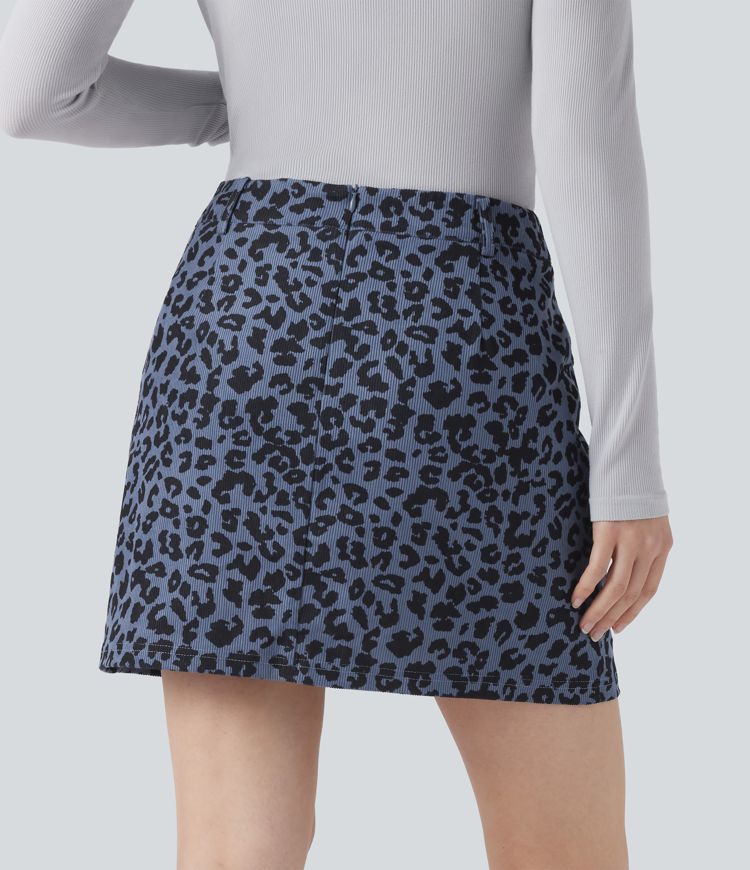 Jupe mini décontractée 2-en-1 taille haute imprimé léopard avec poche