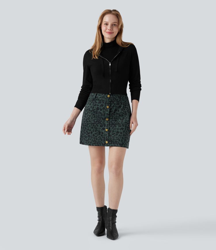 High Waisted 2-in-1 Leopard Print Mini Casual Skirt with Pocket