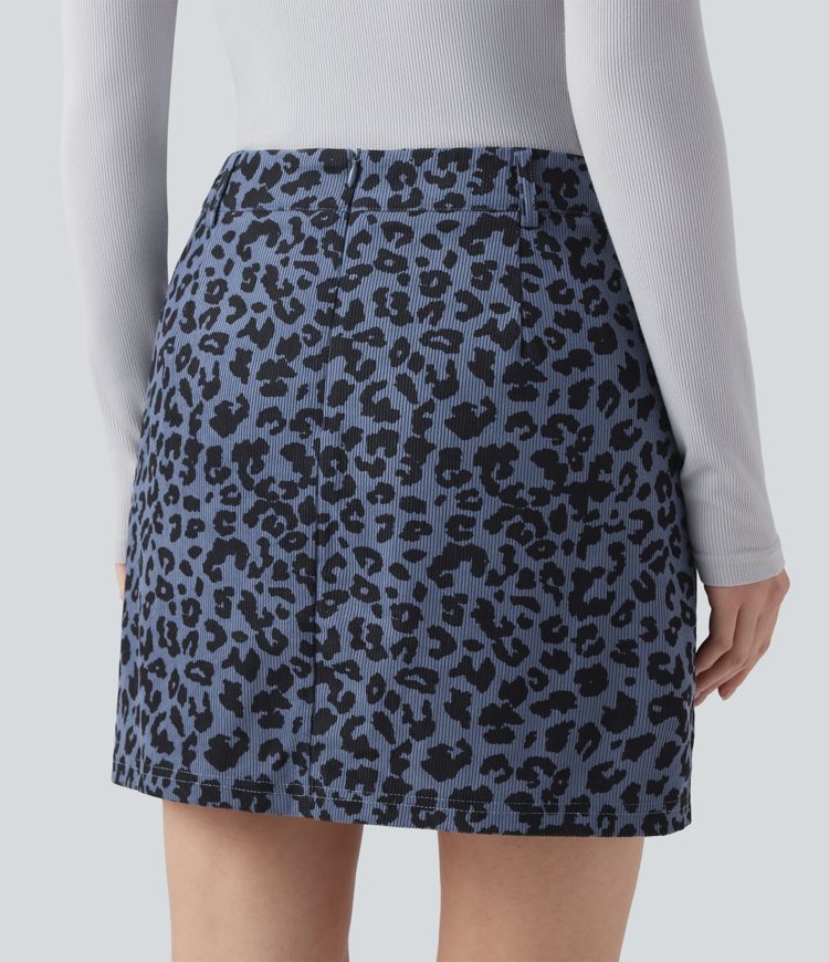 Jupe mini décontractée 2-en-1 taille haute imprimé léopard avec poche