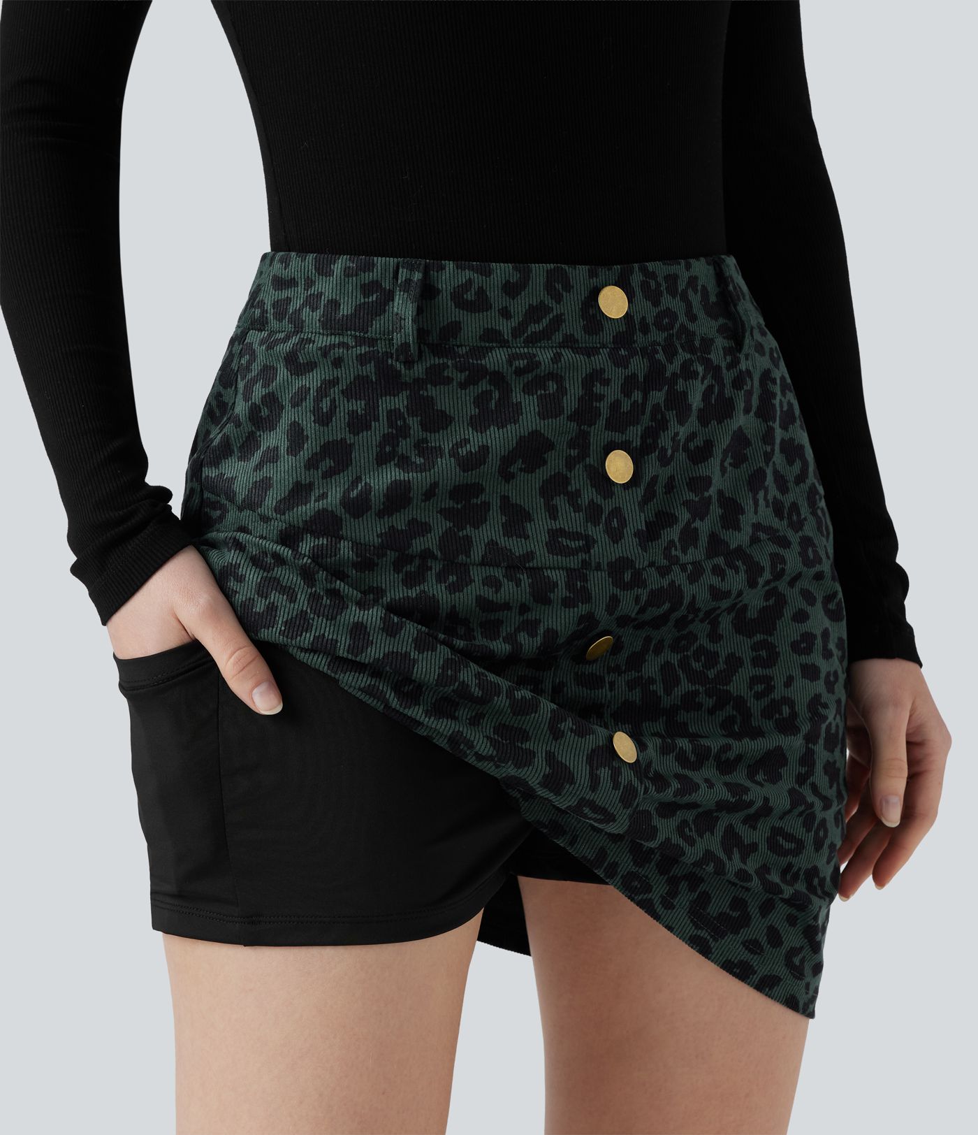 High Waisted 2-in-1 Leopard Print Mini Casual Skirt with Pocket