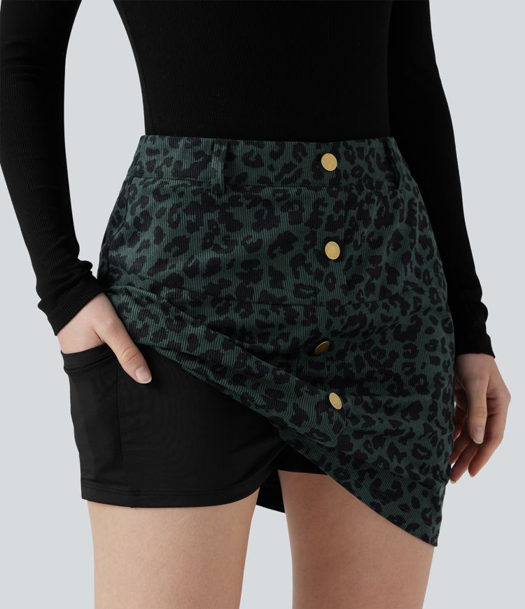 High Waisted 2-in-1 Leopard Print Mini Casual Skirt with Pocket