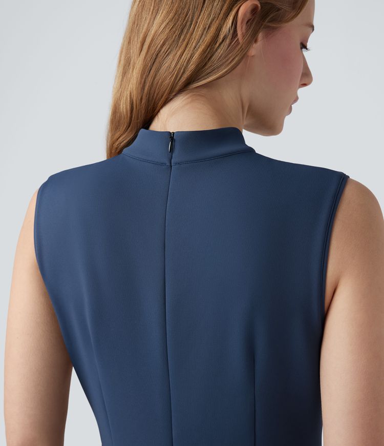 Mock-neck Zipper Sleeveless Work Wide Leg Jumpsuit with Pockets