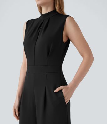 Mock-neck Zipper Sleeveless Work Wide Leg Jumpsuit with Pockets