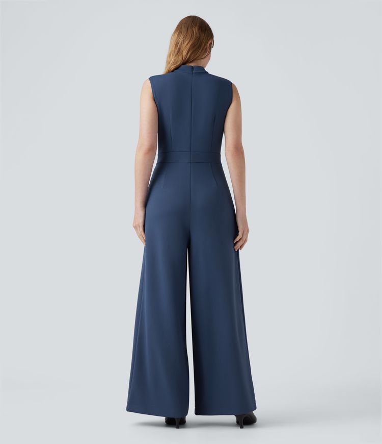 Mock-neck Zipper Sleeveless Work Wide Leg Jumpsuit with Pockets