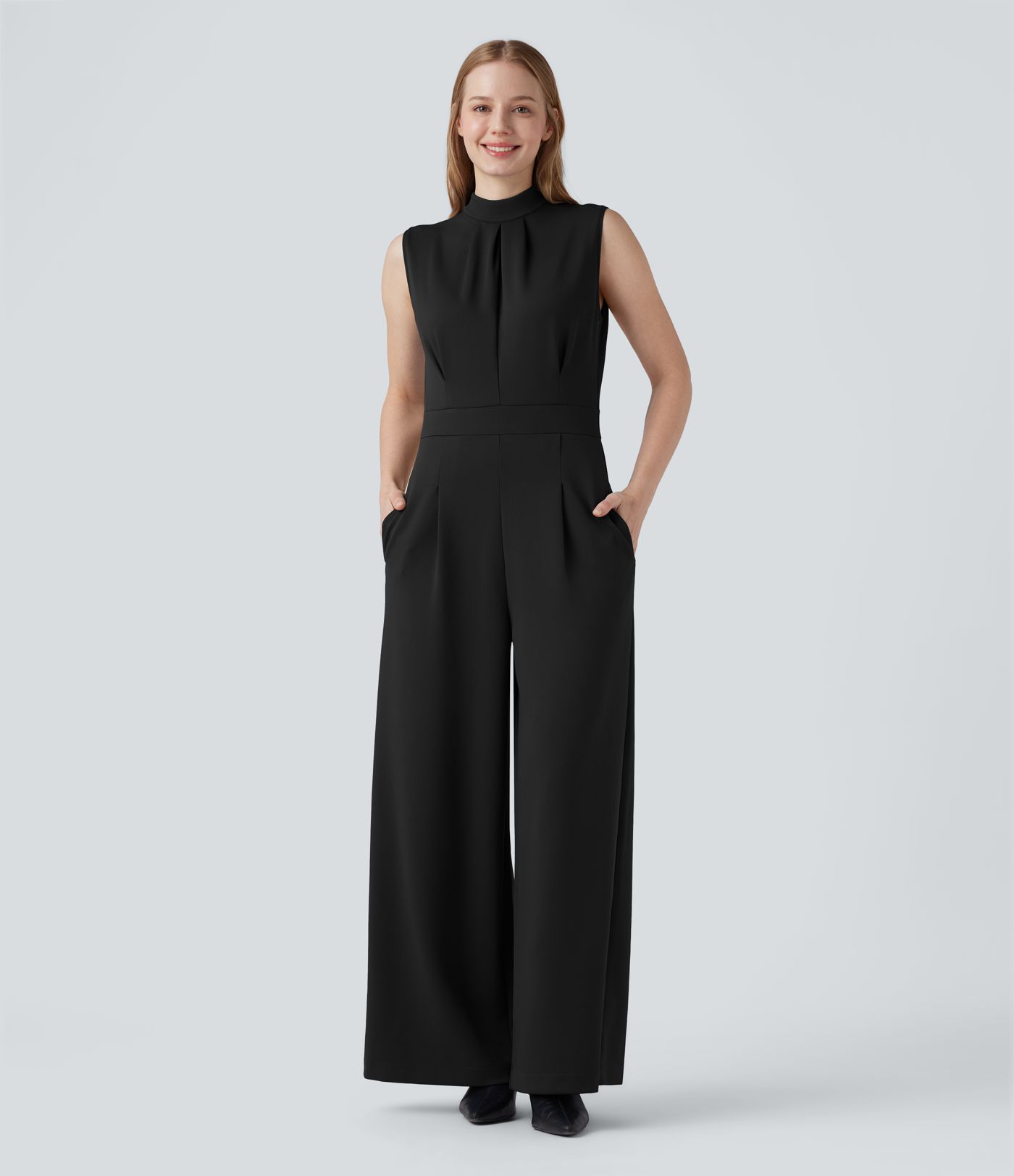 Mock-neck Zipper Sleeveless Work Wide Leg Jumpsuit with Pockets